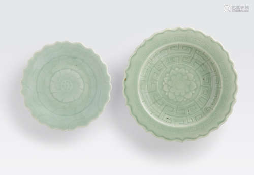 Two celadon glazed dishes with carved lotus decoration Qing dynasty