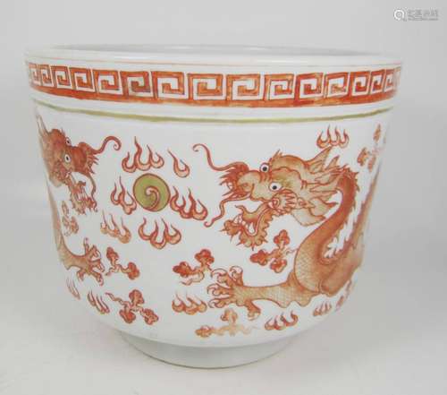 CHINESE PORCELAIN DEEP BOWL WITH RED DREGON DECORATION, GUANGXU MARK.