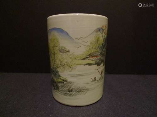 ANTIQUE CHINESE FAMILLE VERTE PORCELAIN BRUSH POT REPUBLIC PERIOD