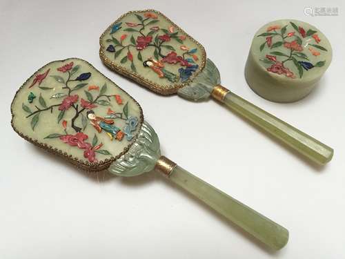 A SET OF CHINESE ANTIQUE JADE CARVING MIRROR, BRUSH AND POWDER BOX