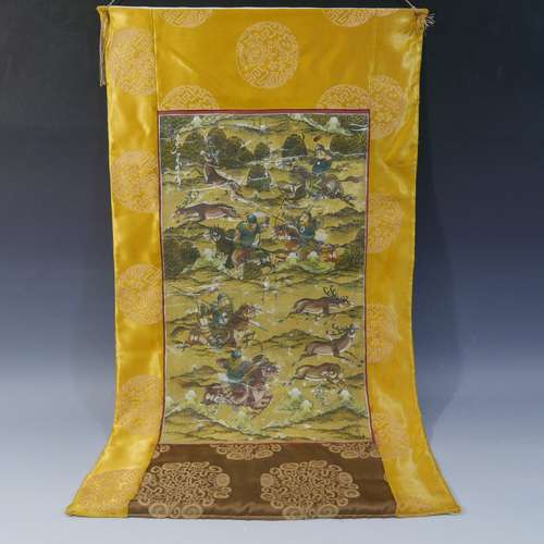 ANTIQUE CHINESE MANCHURIAN HUNTING SCENE PAINTING - 19TH CENTURY