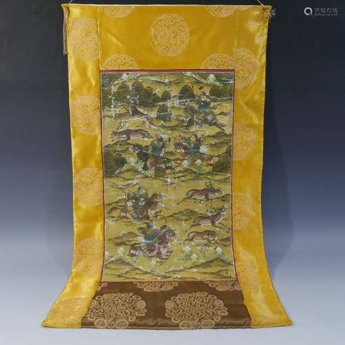 ANTIQUE CHINESE MANCHURIAN HUNTING SCENE PAINTING - 19TH CENTURY