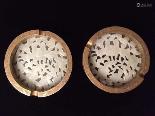 PAIR OF VINTAGE WHITE JADE ENCLOSED  BRASS ASHTRAYS