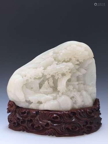 A VERY FINE LARGE CARVED HETIAN WHITE JADE ‘SCHOLARS’ BOULDER MOUNTAIN