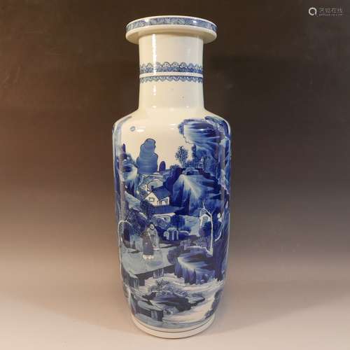 MAGNIFICENT CHINESE BLUE WHITE PORCELAIN ROULEAU VASE - KANGXI PERIOD