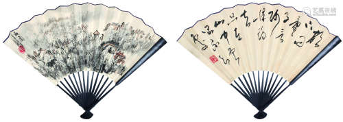 孙克纲（1923-2007） 范润华（b.1939） 秋山图 书法 设色纸本 成扇 1992年 作