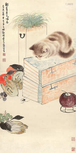 曹克家(1906-1979) 猫趣图 设色纸本 立轴 1949年 作