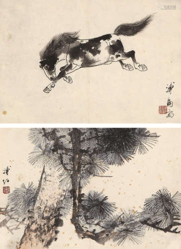 溥佐（1918-2001） 松与马 设色纸本 托片