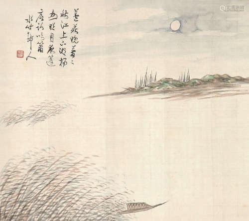 徐世昌(1855-1939) 秋江明月 设色绢本 镜片