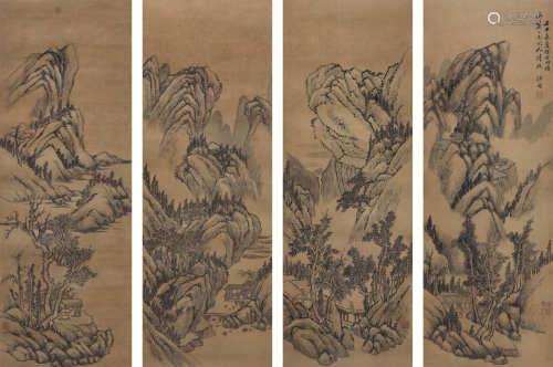 汪昉（1799-1877） 山水四屏 设色绢本 立轴 1872年 作
