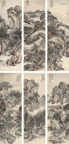 姜筠(1847-1919) 山水六屏 设色绢本 镜心