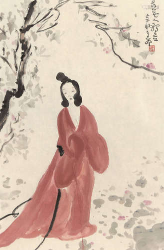 李孝萱 2011年作 落花仕女 镜框 设色纸本