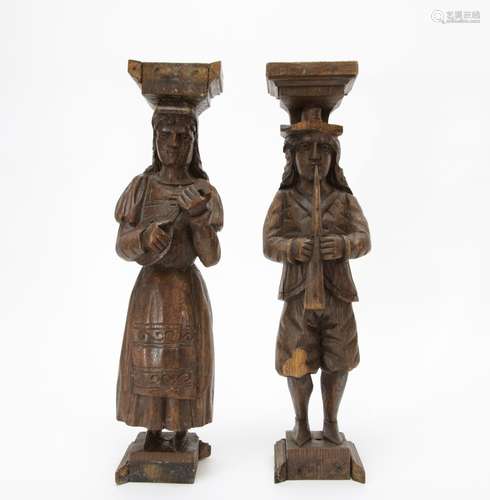 Pair of Small Size Wood Carving of Two Men Playing