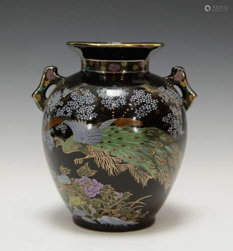 Japanese Purple Glazed Urn w/ peacock Design