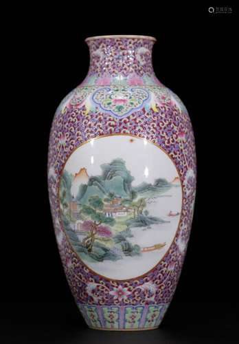 Chinese Famille Rose Vase w/ Scene of Valley