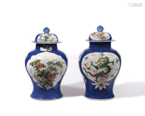 綠彩龍鳳紋粉藍瓷罐