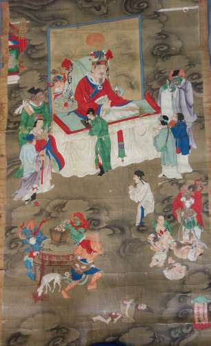 Peinture en couleurs sur soie scène représentant une scène de jugement dernier.