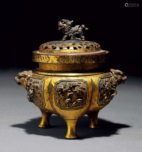 清代 铜鎏金錾花花鸟纹香炉