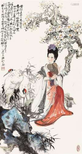 韩敏 乙丑（1985）年作 纨扇仕女图 立轴 设色纸本