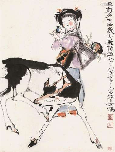 程十发 癸丑（1973）年作 少女与鹿 立轴 设色纸本