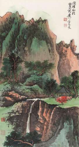 谢稚柳 戊辰（1988）年作 青山飞瀑 镜片 设色纸本