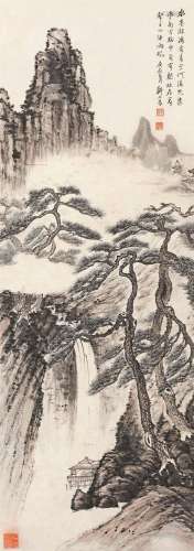 郑午昌 庚辰（1940）年作 松山飞瀑 立轴 设色纸本