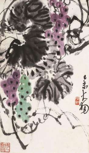 陈大羽 乙未（1955）年作 紫藤葡萄 立轴 设色纸本
