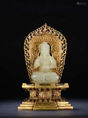 Chinese Hetian Jade Buddha With Gilt Bronze Seat