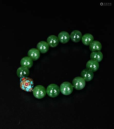 Chinese Hetian Spinach Jade Beads Bracelet