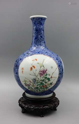 Chinese Enamel On Blue And White Bottle Vase