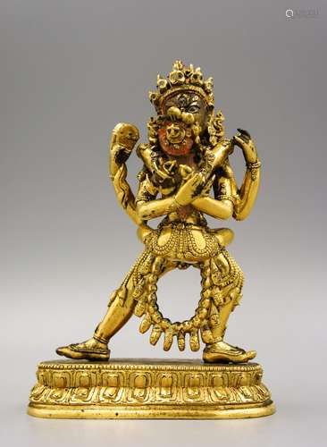 CHINESE TIBETAN GILT BRONZE OF NANDIKESVARA