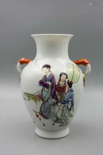 Chinese Famille Rose Vase With Twin Ear