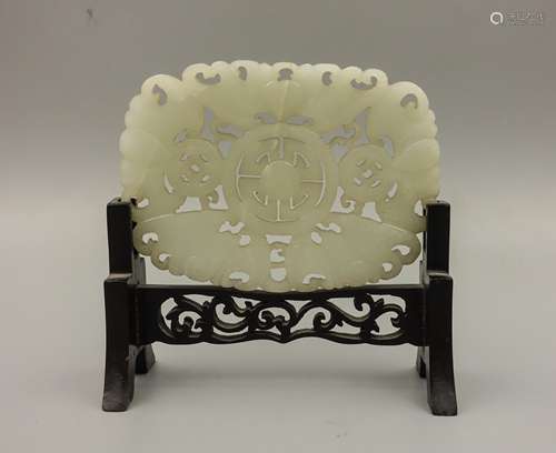 Chinese Qing Dynasty White Jade Plaque With Stand