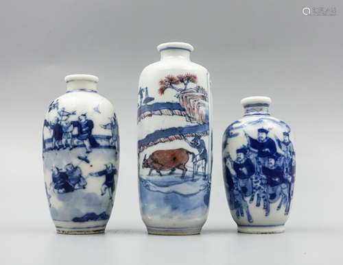 Group Of 3 Chinese Blue And White Snuff Bottles