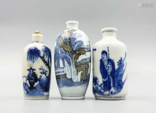 Group Of 3 Chinese Blue And White Snuff Bottles