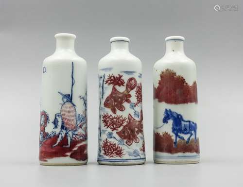 3 Chinese Iron Red Blue White Snuff Bottles