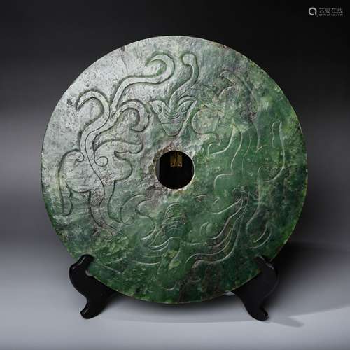 CHINESE SPINACH JADE BI DISK, DRAGON MOTIF