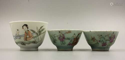 3 Chinese Famille Rose Porcelain Cups