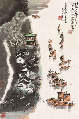 李可染 1980年作 桂林山水 镜片 设色纸本