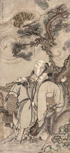 张翀 辛巳（1641）年作 三星福寿图 立轴 设色纸本