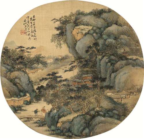 吴石僊 己卯（1879）年作 青山策杖 镜片 设色绢本