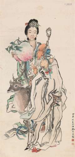 沈心海 乙未（1895）年作 麻姑献寿 镜片 设色纸本