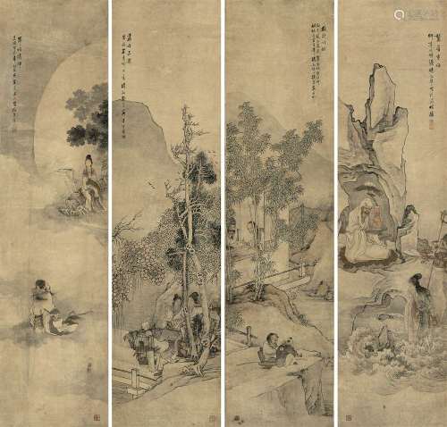 钱慧安 己巳（1869）年作 人物 四屏 立轴 设色纸本