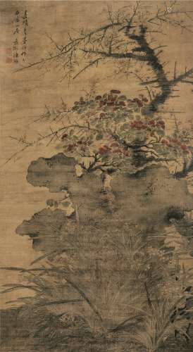 陈栝 壬子（1552）年作 兰石花卉 立轴 设色绢本