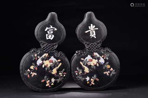 Pair Of Chinese Rosewood Gourd Box W/ Inlaid