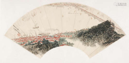 宋文治 （1919-1999） 长江大桥 设色纸本 扇面