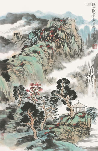 徐建明 （b.1954） 秋山观瀑 设色纸本 立轴