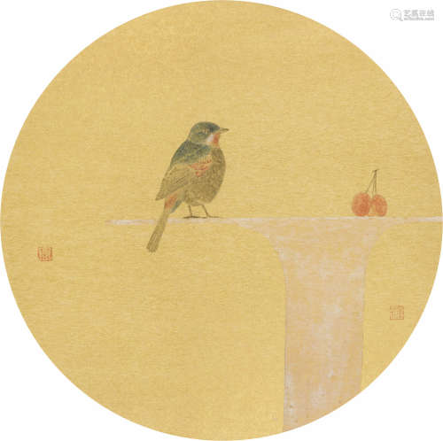 高重飞 （b.1983） 樱桃小鸟 设色纸本 镜心