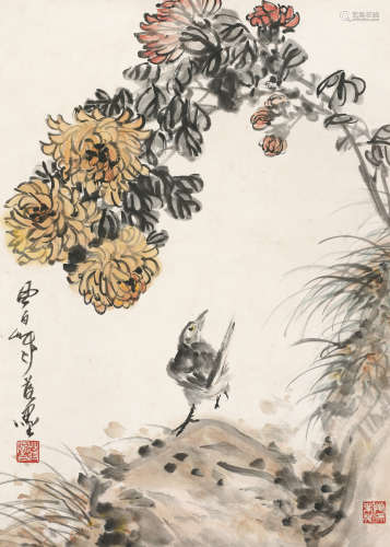 蒋凤白 （1915-2004） 菊花小鸟 设色纸本 镜心
