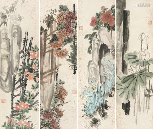 陈梦麟 (b.1946) 花卉四屏 设色纸本 镜心